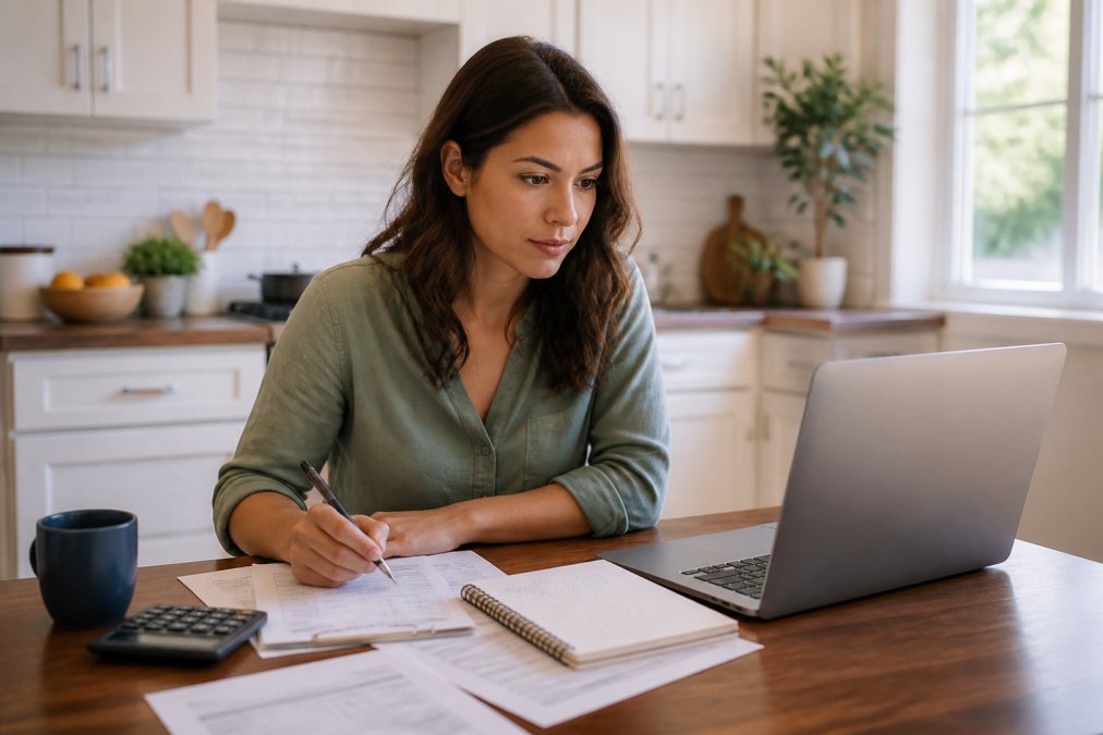 A 5-step infographic showing a homeowner using a laptop to research a home insurance quote at a kitchen table.