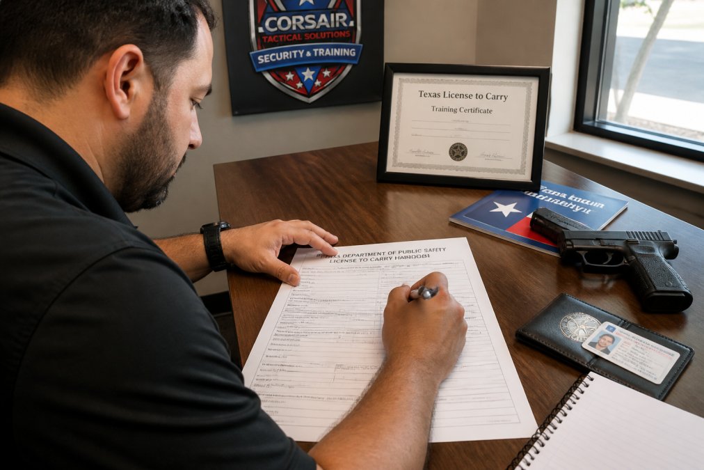 Person completing Texas DPS License to Carry application form at table with handgun safety materials, training certificate, and identification documents visible under natural office lighting