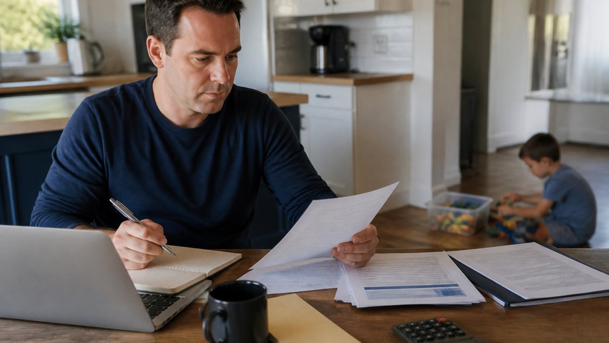 A parent sitting at a kitchen table with a laptop, notepad, and insurance paperwork, reviewing coverage options while a child plays nearby