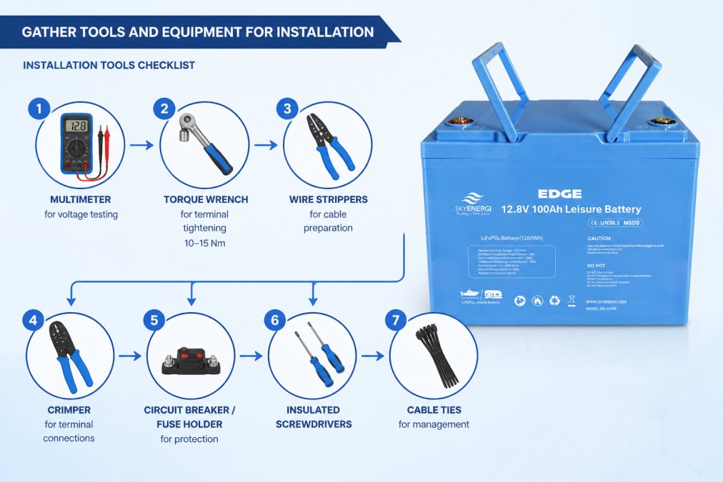 Flowchart showing installation tools checklist: multimeter for voltage testing, torque wrench for terminal tightening (10-15 Nm), wire strippers for cable preparation, crimper for terminal connections, circuit breaker/fuse holder for protection, insulated screwdrivers, cable ties for management