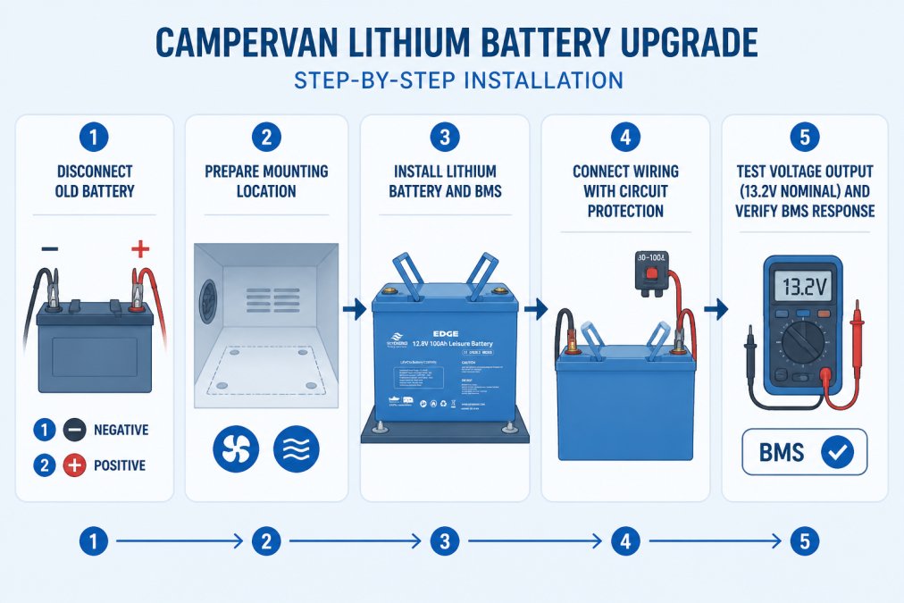 5-step installation flowchart: Step 1 - Disconnect old battery (negative first, then positive), Step 2 - Prepare mounting location with ventilation, Step 3 - Install lithium battery and BMS in bracket, Step 4 - Connect wiring with circuit protection (50-100A breaker), Step 5 - Test voltage output (13.2V nominal) and verify BMS response
