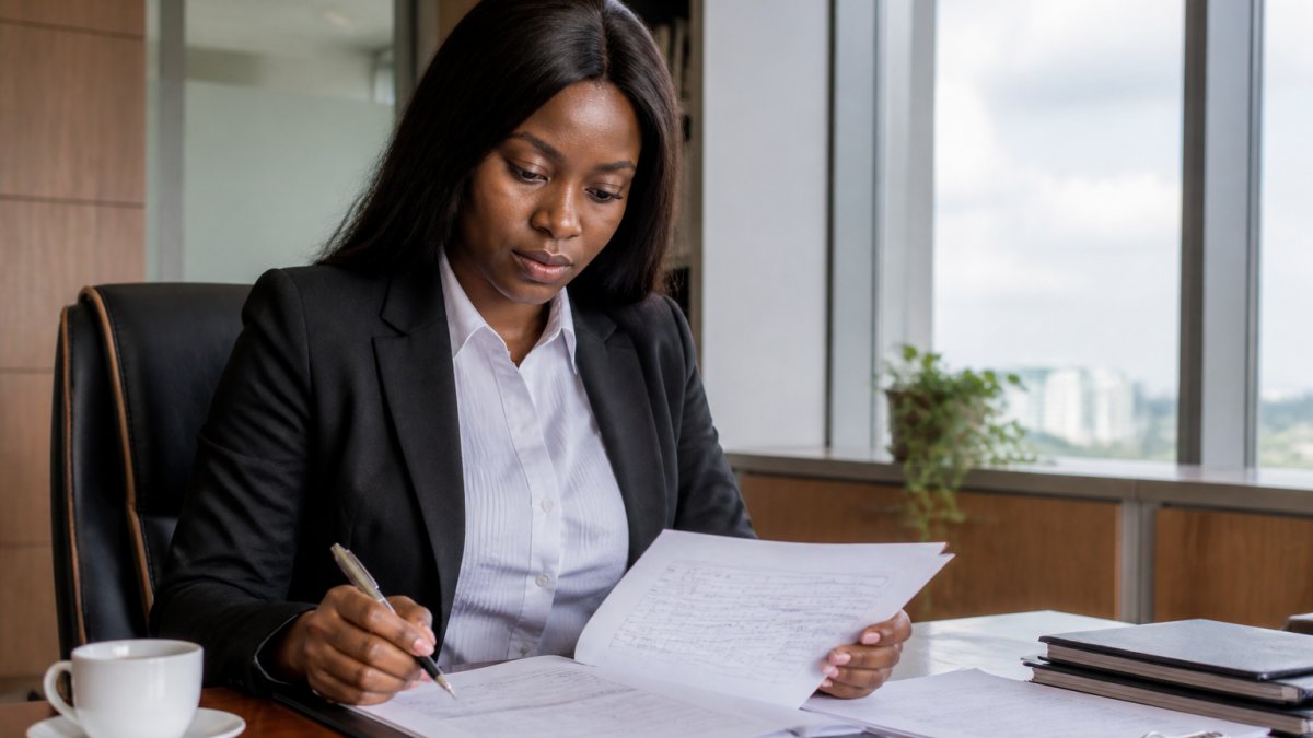 Professional woman reviewing mortgage documents and application forms at desk with laptop, pen, and cup of coffee in modern office setting with natural lighting