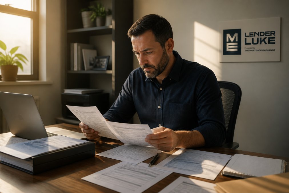 A self-employed professional reviewing tax returns and financial documents at a home office desk with a laptop showing a spreadsheet, warm afternoon light through a window