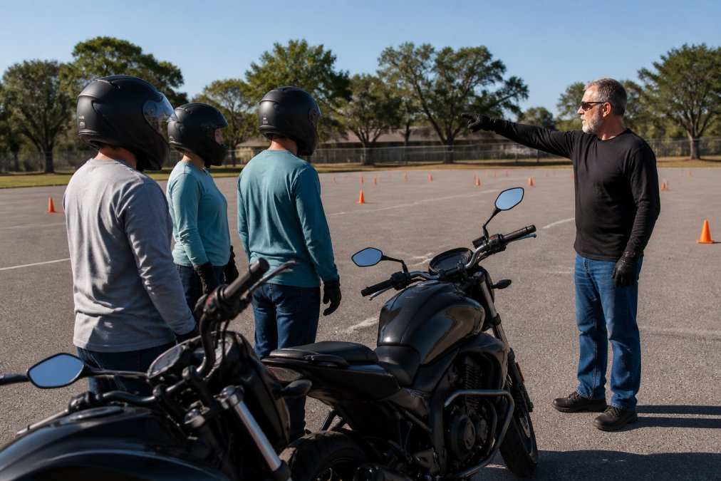 A small group of new riders in helmets and gloves standing beside motorcycles in a paved training lot, an instructor pointing to a cone course in the background under bright afternoon sun