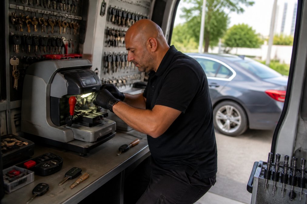 Locksmith using a machine to program a car key without original inside a van