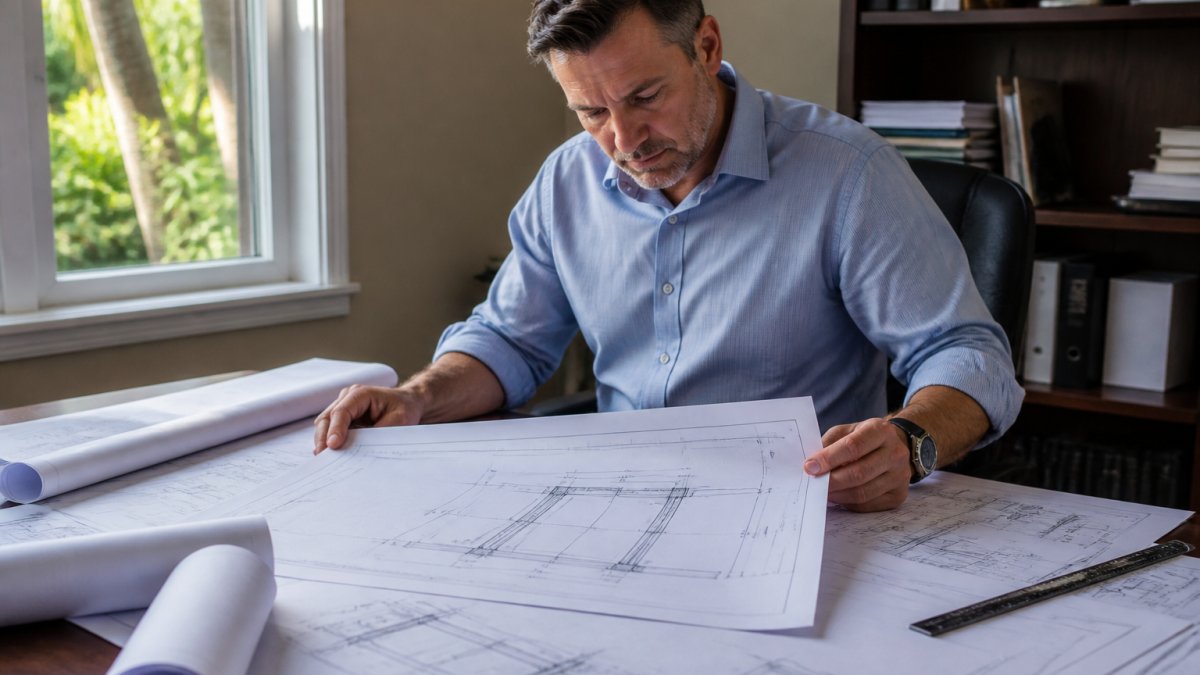 A structural engineer in a home office reviewing sealed pergola blueprints with wind-load notes spread across a large desk, natural window light