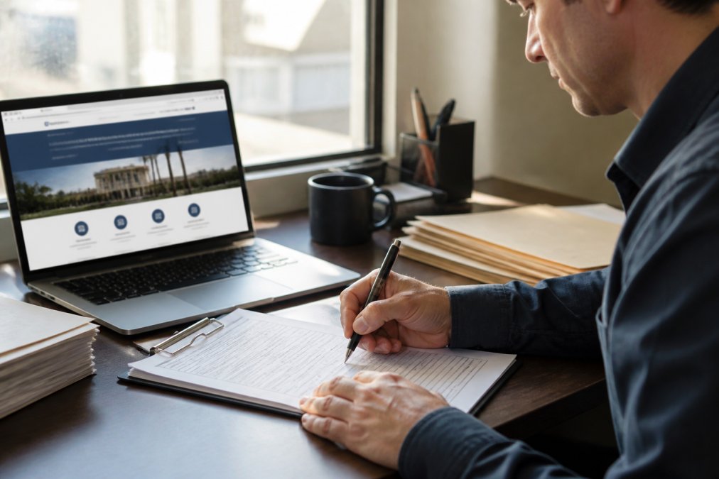 A person sitting at a desk filling out official government paperwork with a pen, a laptop open beside them displaying a government website portal, warm natural office lighting coming through a window