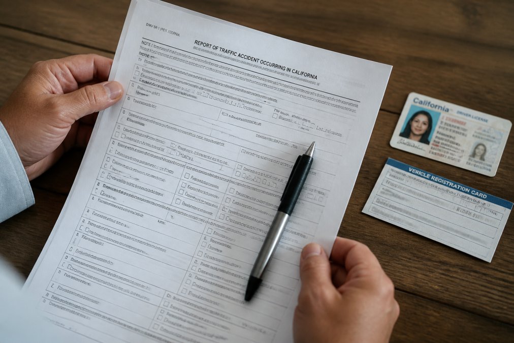 Close-up of hands holding a completed government form with a pen resting on top, a California driver's license and vehicle registration card visible nearby on a wooden desk