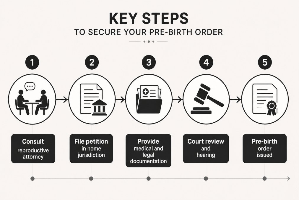 Process diagram showing steps for pre-birth order internationally