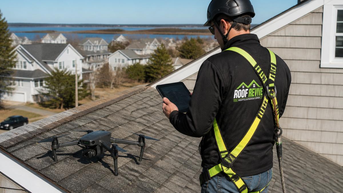 Licensed professional in safety gear standing on residential asphalt shingle roof, using tablet to document condition while drone sits on nearby surface for aerial measurements