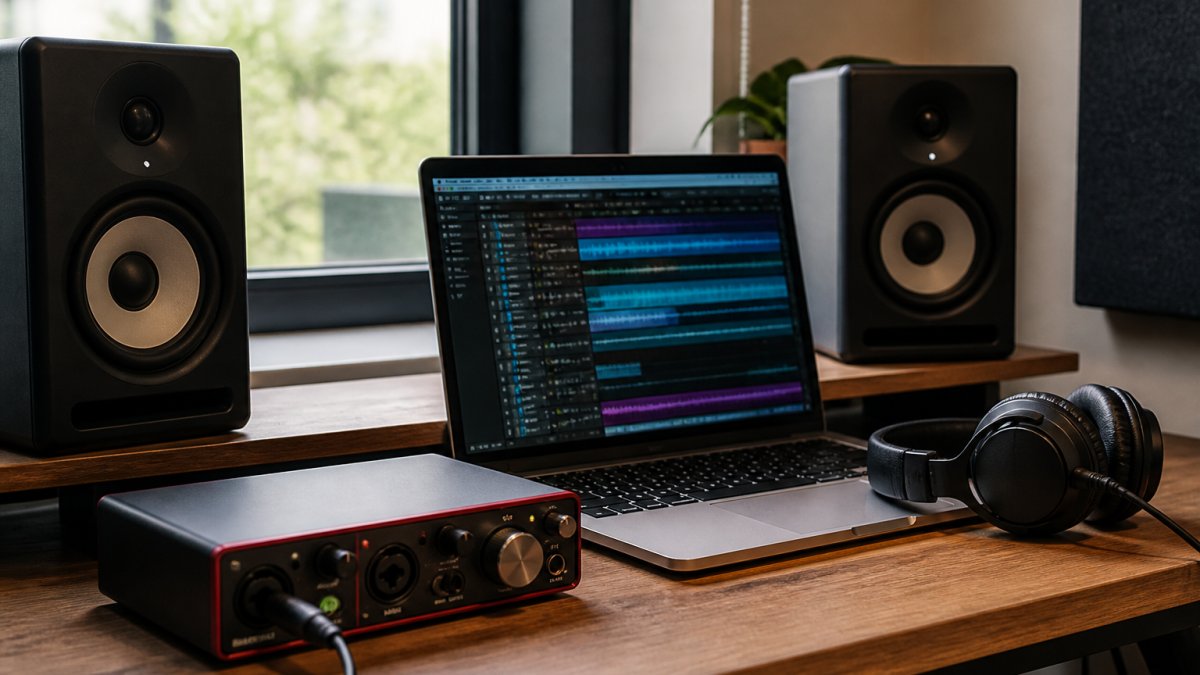 A home studio desk with an audio interface, studio monitors, and a laptop showing a DAW timeline, headphones resting nearby, soft natural light through a window