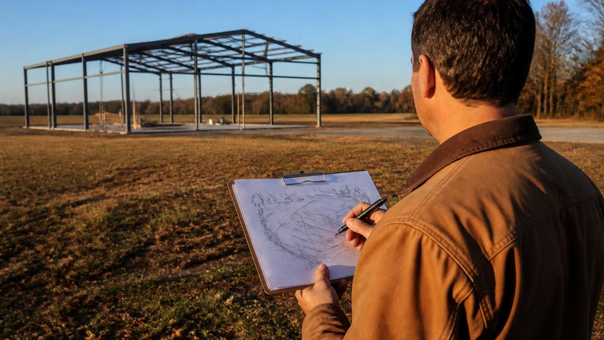 A homeowner standing on a rural property holding a clipboard with a hand-drawn site sketch, a steel building frame visible in the background under a wide clear sky, late afternoon light