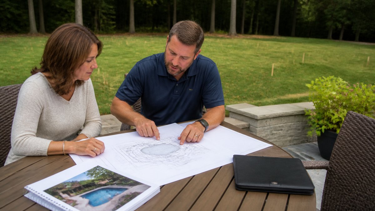 Process flow chart for planning a custom pool installation with a designer on a backyard patio
