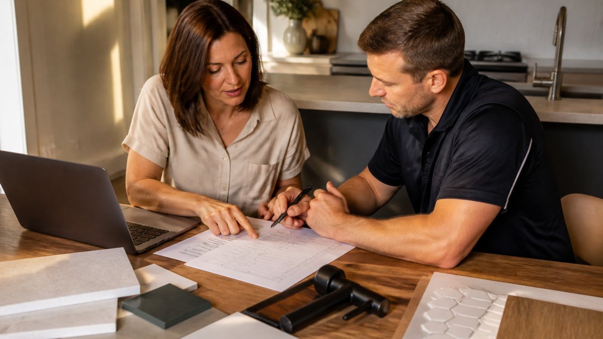 A homeowner and a builder sitting at a kitchen table, reviewing a printed renovation quote checklist with a laptop and samples of tiles and fixtures nearby