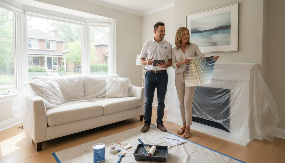 Professional painter discussing project details with homeowner in bright living room, reviewing paint samples and taking measurements on walls