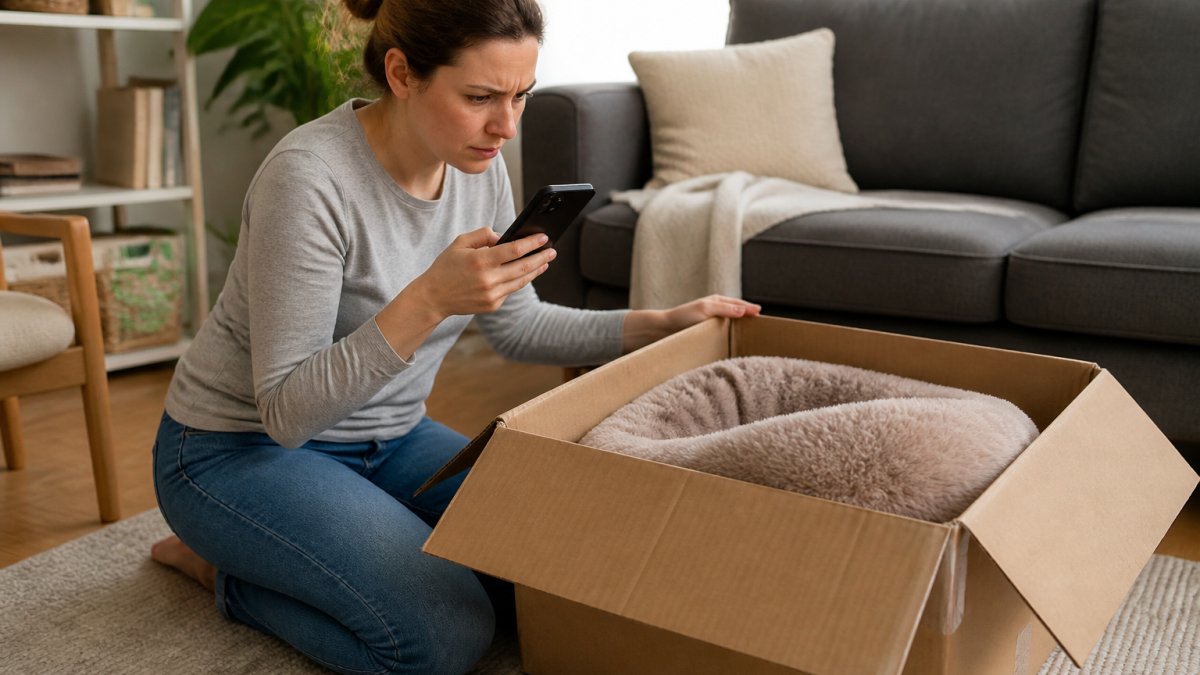 Person kneeling on the floor taking a photo of a damaged shipping box containing a new plush pet bed