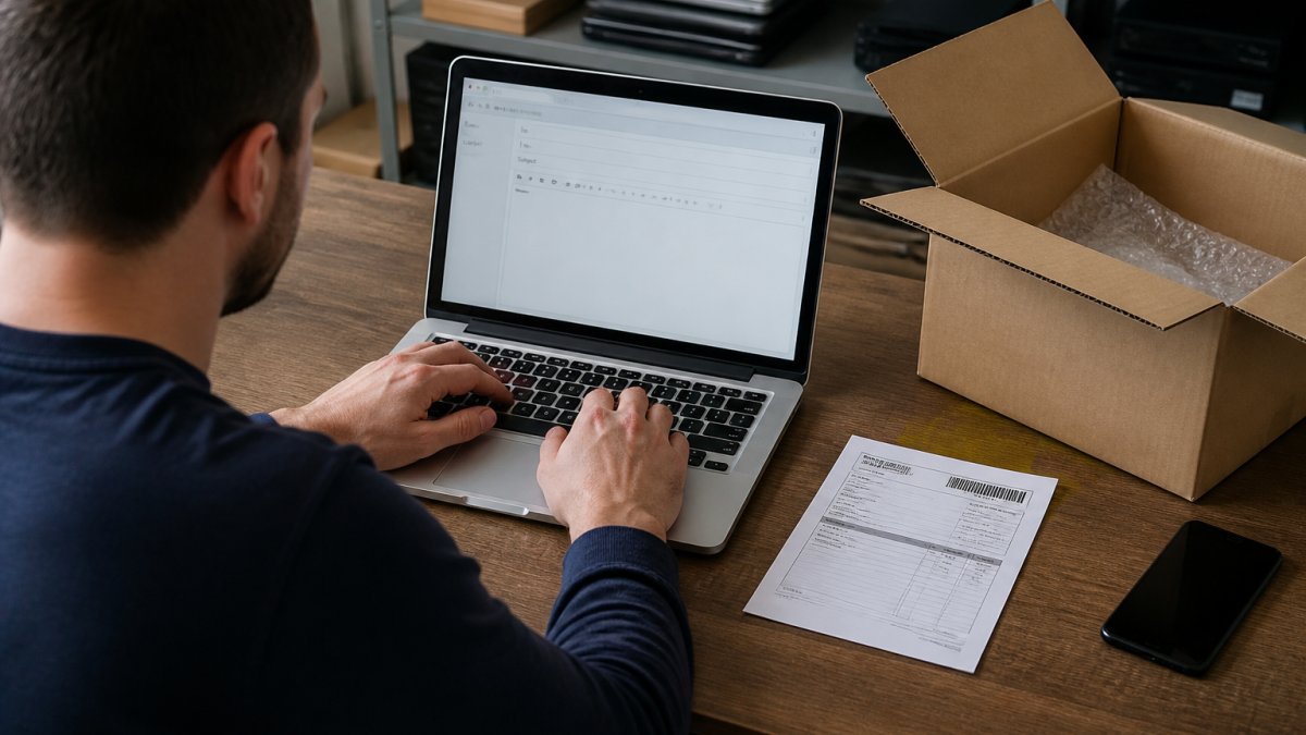 Person typing an email to request an auction refund on a laptop with a shipping receipt and cardboard box nearby