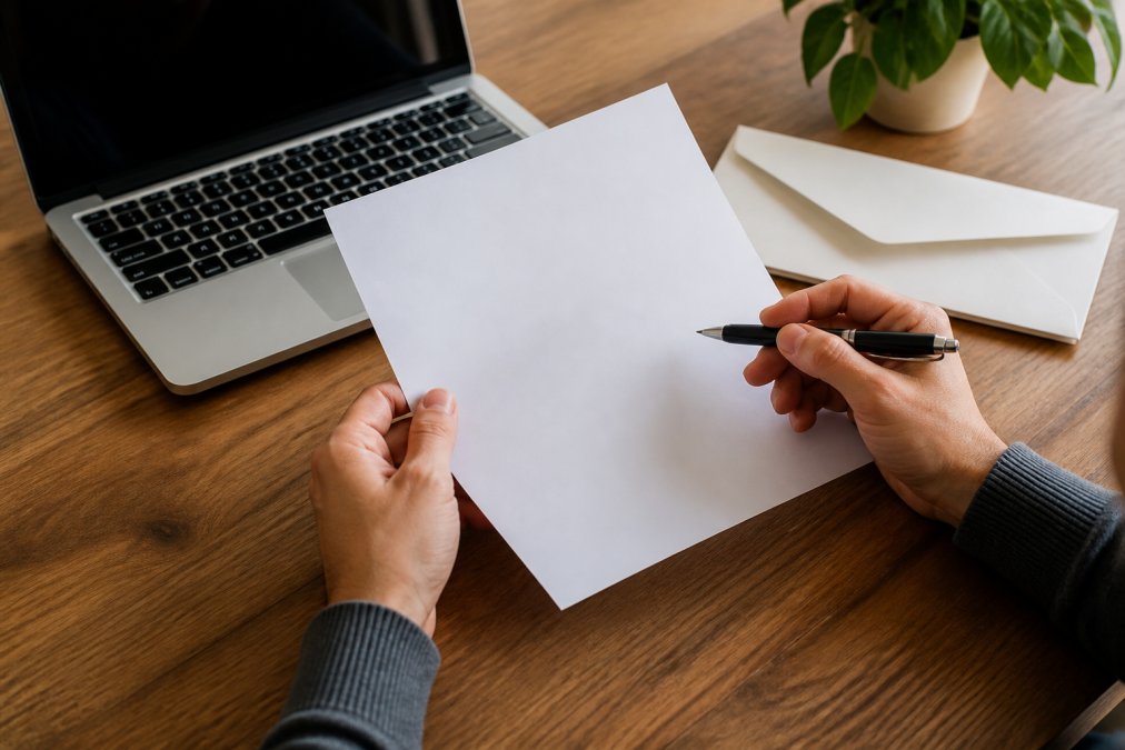 Close-up of hands holding a printed cancellation form and pen, with a laptop and envelope on a desk ready for submission
