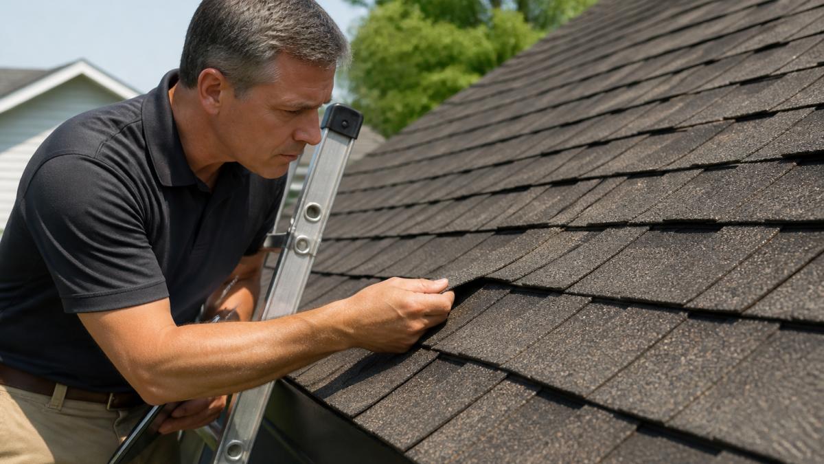 Professional roofing inspector examining asphalt shingles for damage during a residential roof inspection.