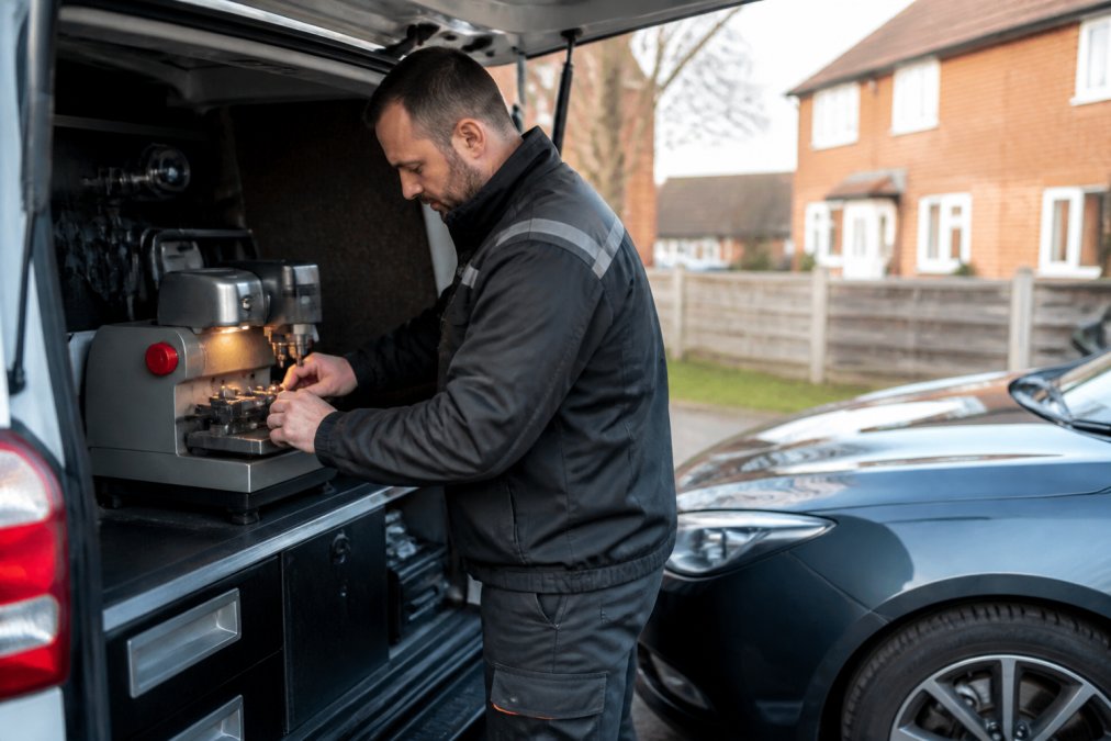 Professional mobile locksmith technician cutting and programming a car key at roadside with diagnostic equipment and key cutting machine visible, van in background