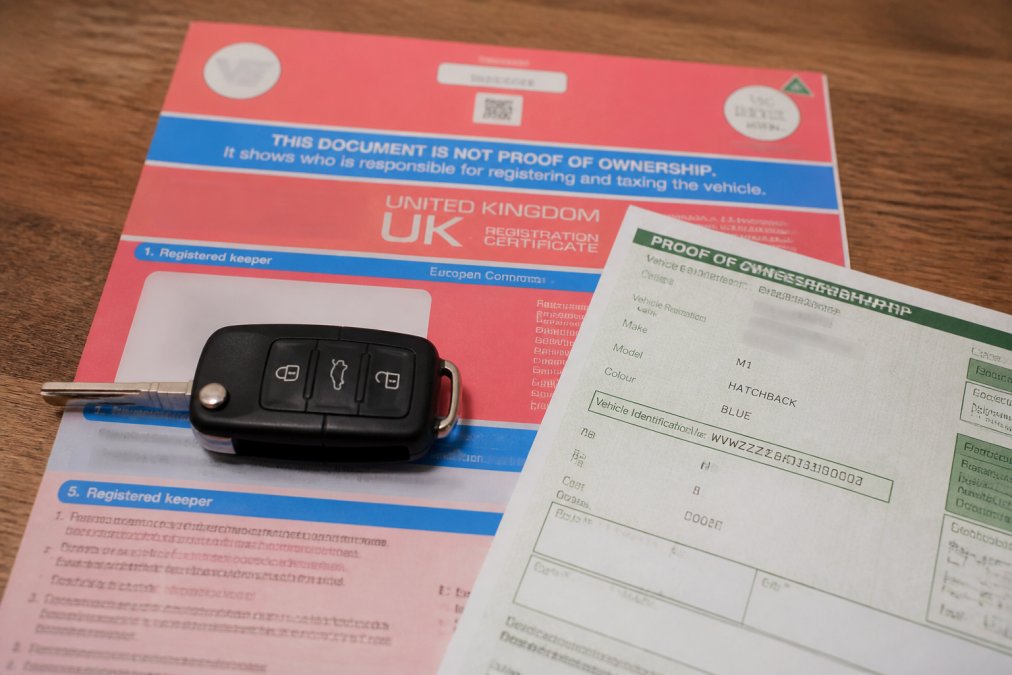 Close-up of documents on table including vehicle registration document, proof of ownership, and car key, showing identification details and VIN clearly visible
