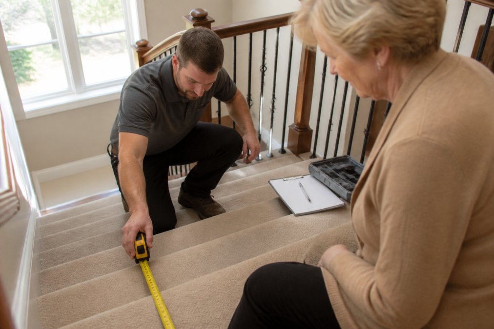 Professional technician measuring residential staircase dimensions with tape measure while homeowner observes, clipboard and assessment tools visible on landing, natural daylight from windows