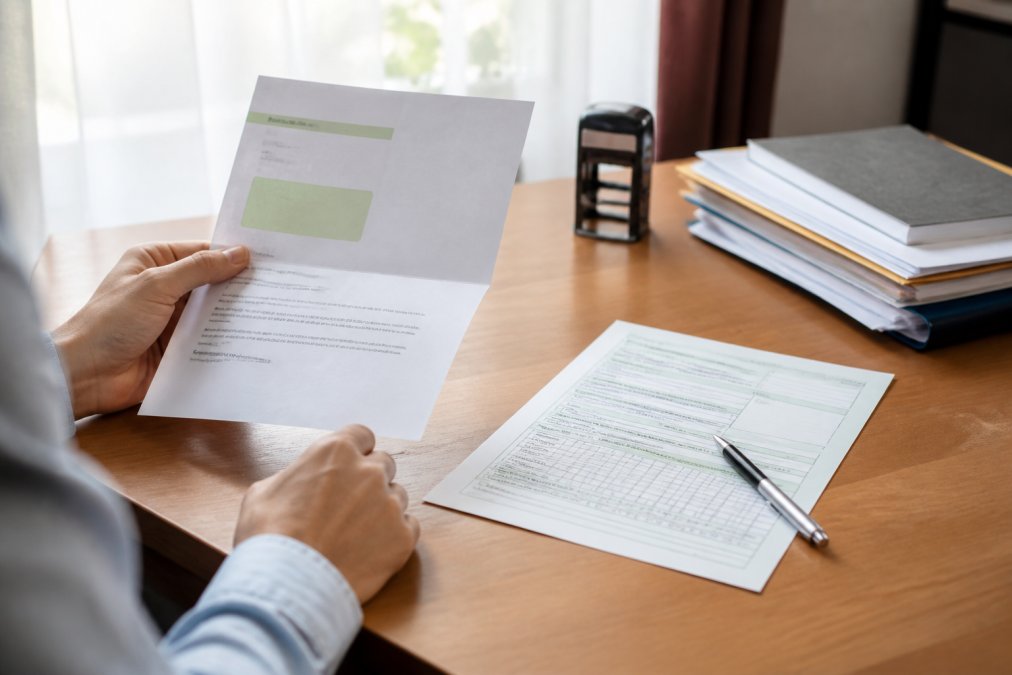 Person at desk holding official German tax correspondence letter next to completed registration forms and pen, with natural office lighting