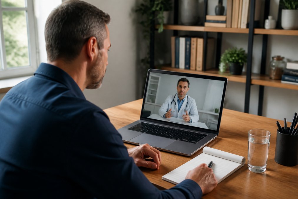 A man in his mid-40s sitting at a home desk, looking at a laptop screen during a virtual medical consultation, with a notepad and glass of water nearby in a clean, well-lit home office