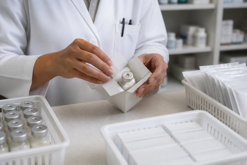 Close-up of a licensed pharmacist's hands preparing a prescription medication package on a clean countertop, with sealed vials and labeled prescription packaging visible under bright clinical lighting