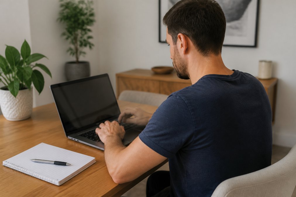 Person studying online white card fast training materials on a laptop at a bright home office desk