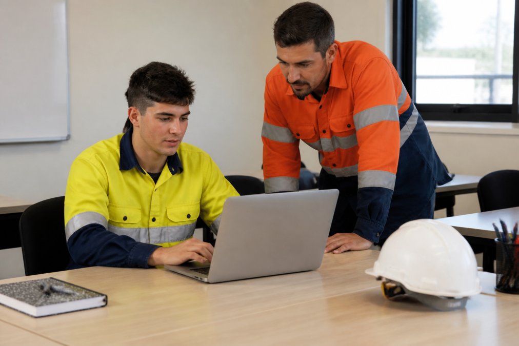 A young construction worker in high-visibility clothing and a hard hat sitting at a desk, completing an online White Card training course on a laptop, with a trainer nearby offering guidance in a bright training room