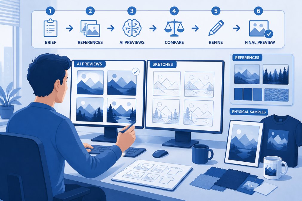 Designer sitting at desk with dual monitors, reviewing AI-generated design mockups and sketches, comparing them to reference materials and physical samples nearby, natural office lighting