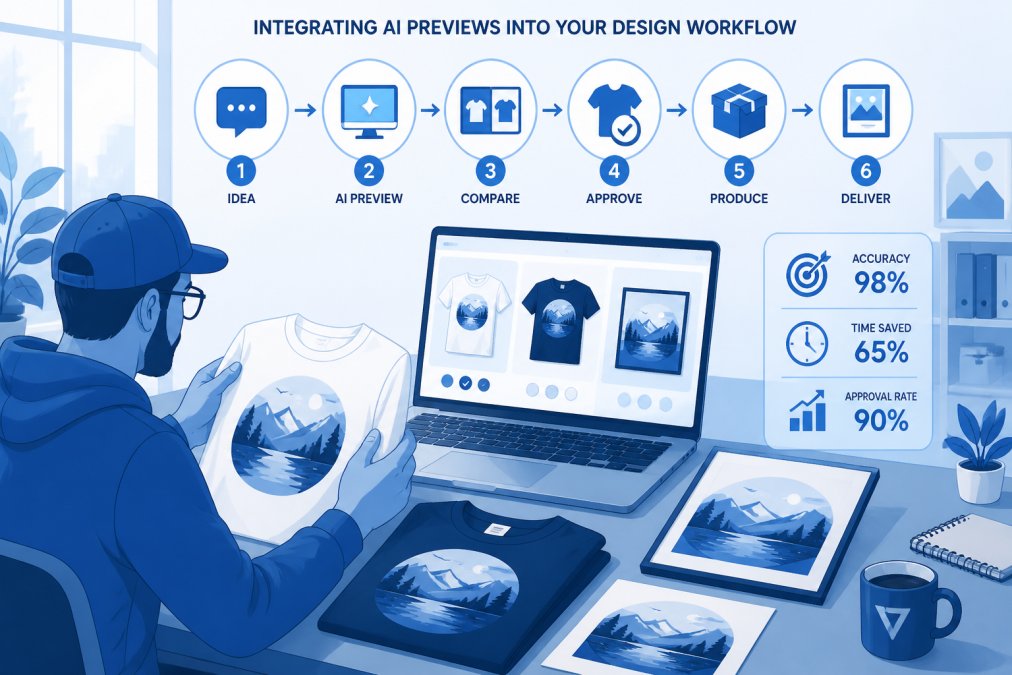 Creative professional examining printed custom apparel and wall art samples on a work table, comparing them to digital previews on a laptop screen, natural daylight from window