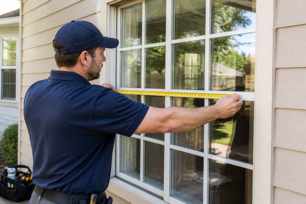 Homeowner measuring a residential window frame with a tape measure, examining different pane configurations and muntins visible through the glass in natural daylight