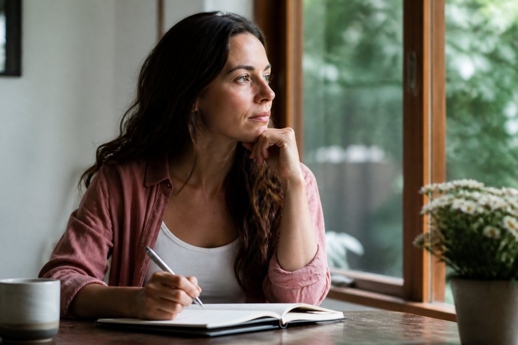 How to Get Actionable Life Guidance That Works 1 A woman sitting quietly at a wooden table with a journal open, pen in hand, soft natural light coming through a window, looking thoughtful and calm