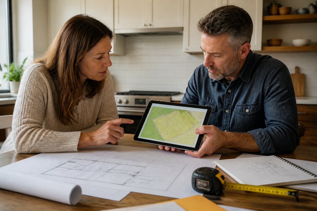 A homeowner and a contractor reviewing a site plan and zoning map on a tablet at a kitchen table, with architectural sketches and a measuring tape nearby