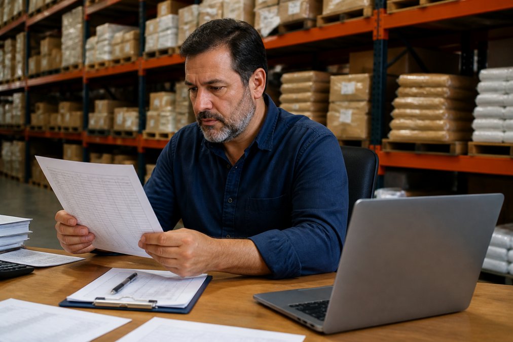 An operations manager reviewing inventory data on a laptop in a warehouse office, with shelves of packaged goods visible in the background
