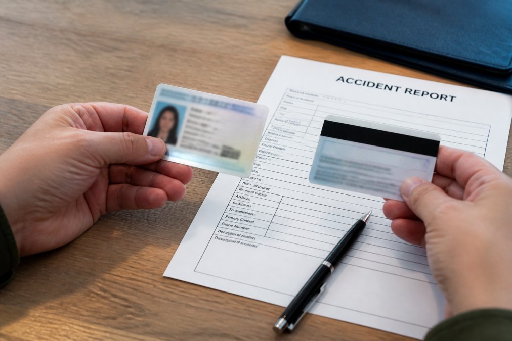 Close-up of hands holding a driver's license and insurance card next to a printed accident report document on a desk