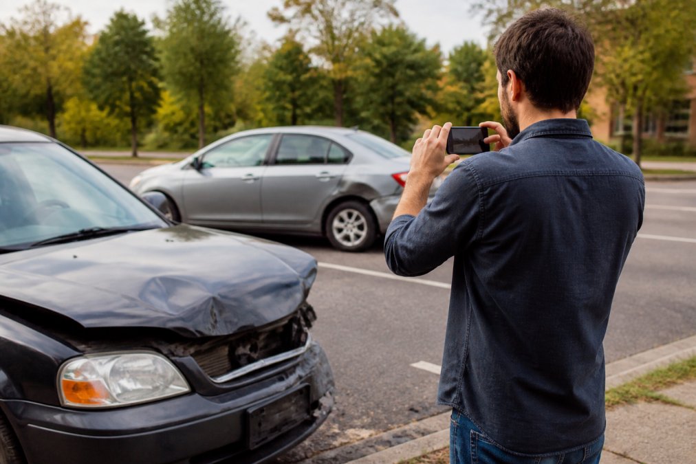 Driver standing outside a damaged vehicle at the accident scene, taking photos with a smartphone while another vehicle is visible in the background