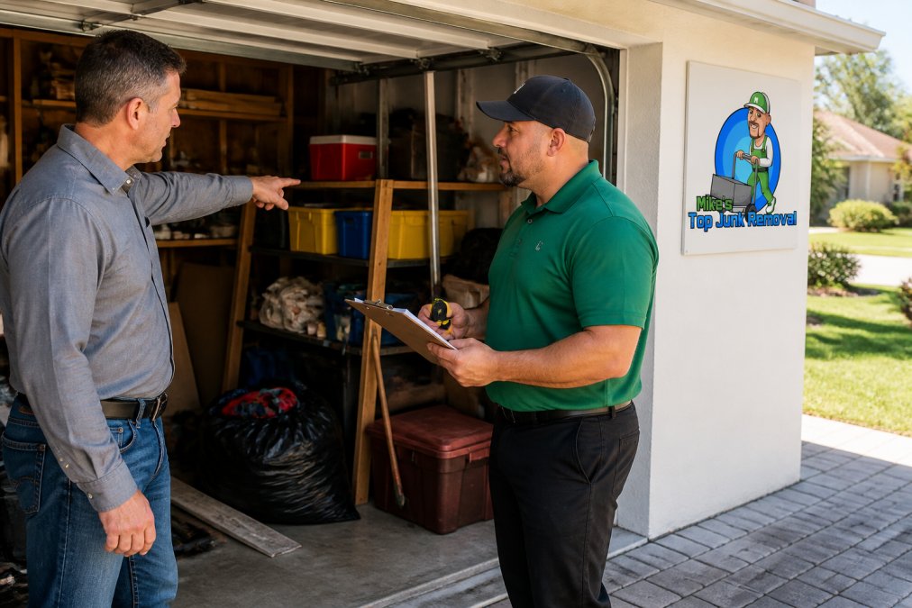 Homeowner walking through cluttered garage pointing out items to a junk removal specialist holding a clipboard and measuring tape, with natural daylight streaming through open garage door