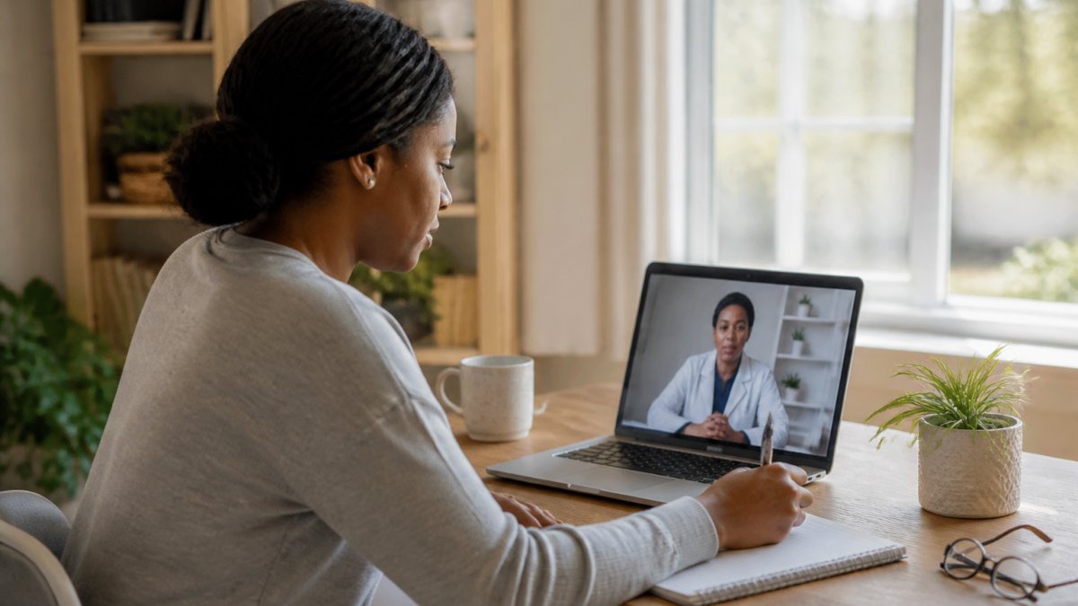 Professional woman in home office setting sitting at desk with laptop, engaged in video call with healthcare provider on screen, taking notes during telehealth appointment, natural window lighting