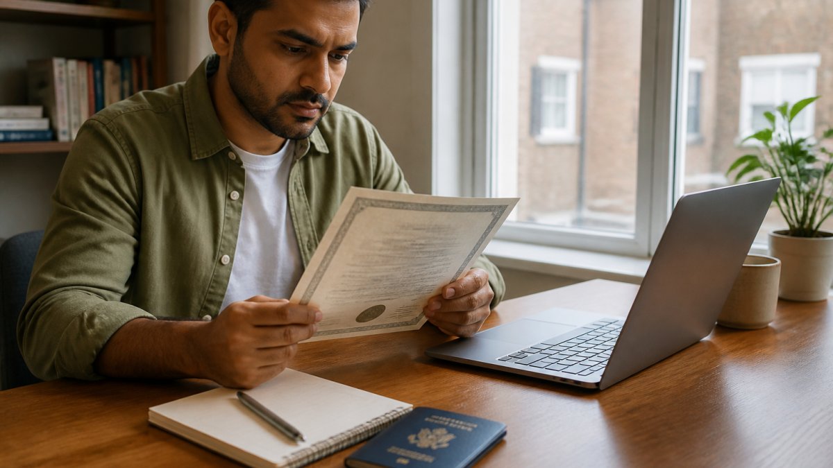 Person reviewing a degree certificate and checklist for an apostille for NRI process at a desk abroad