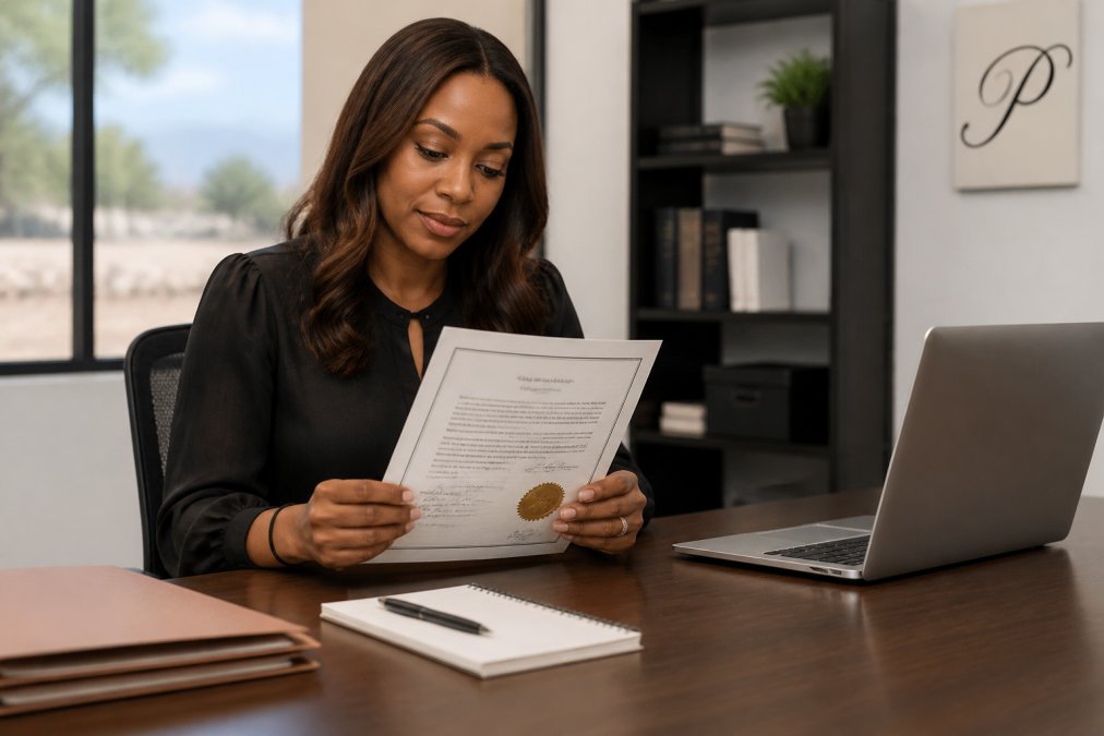 Person reviewing a notarized document with an official apostille in Nevada at a bright office desk