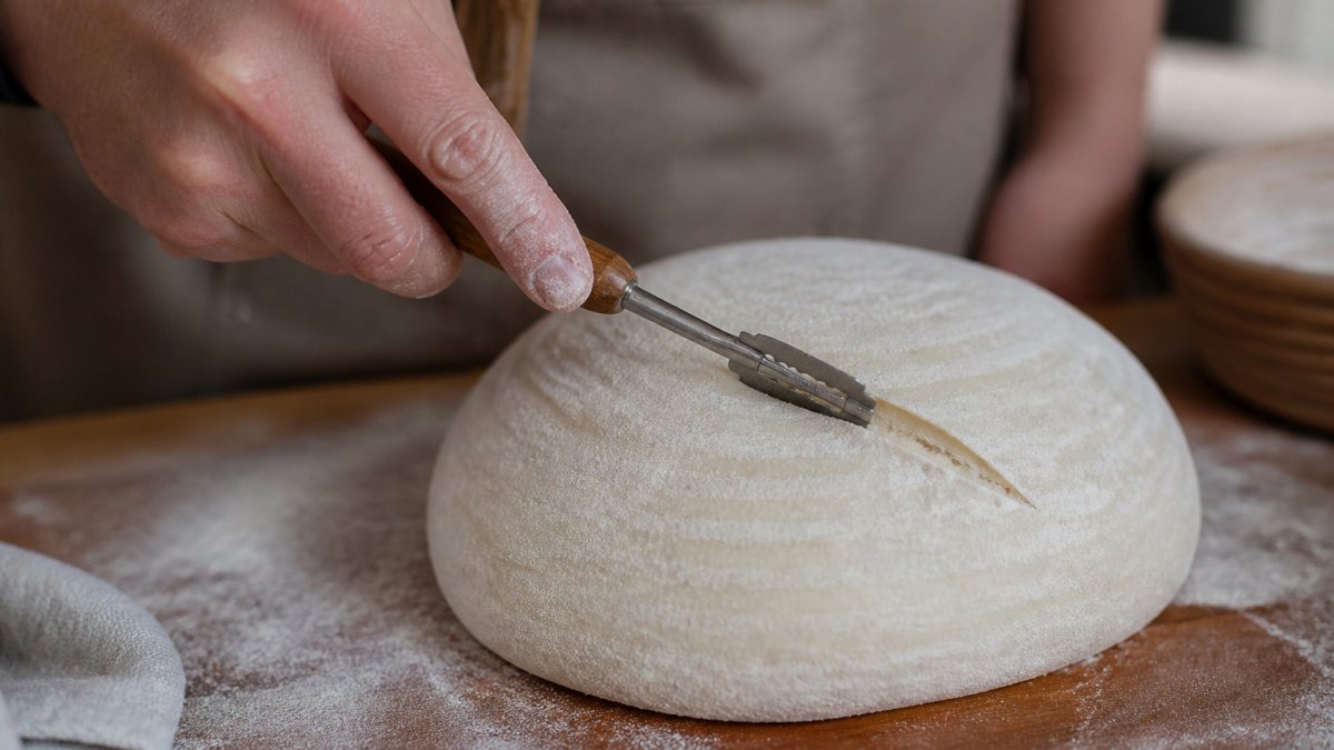 Close-up of hands holding a bread lame at a 30-45 degree angle, scoring a round sourdough loaf on a floured surface, showing the blade creating a clean cut with the beginning of an ear flap forming