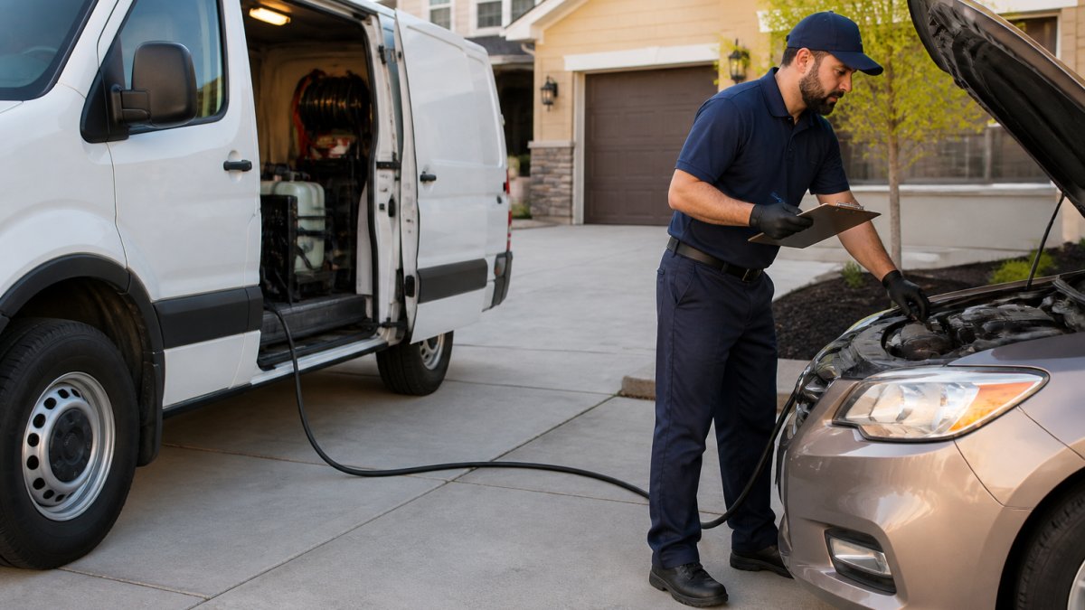 A certified technician in a branded uniform conducting an emissions test on a car in a residential driveway, with a mobile testing van parked nearby and a clipboard in hand