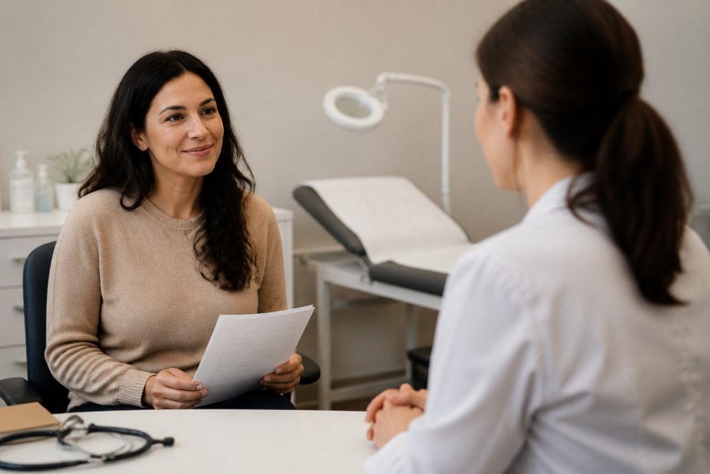 Woman in a clinical consultation room holding medical notes, seated across from a healthcare professional in a modern clinic with soft lighting, appearing calm and prepared for discussion