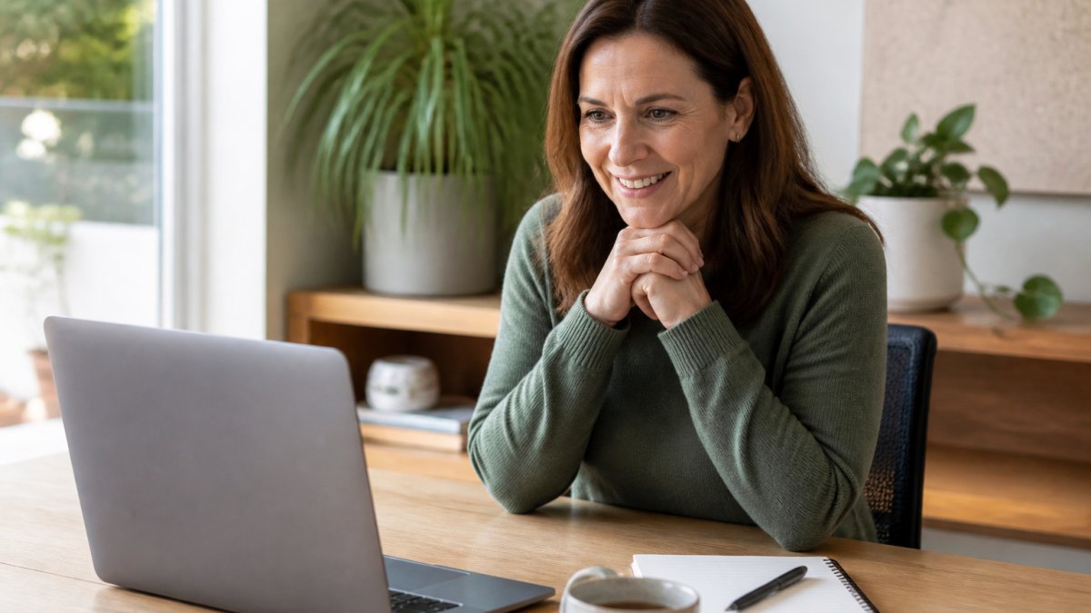 A woman in her 40s sitting comfortably at a desk in a bright home office, having a video consultation with a doctor on her laptop, with a notepad and a cup of tea nearby