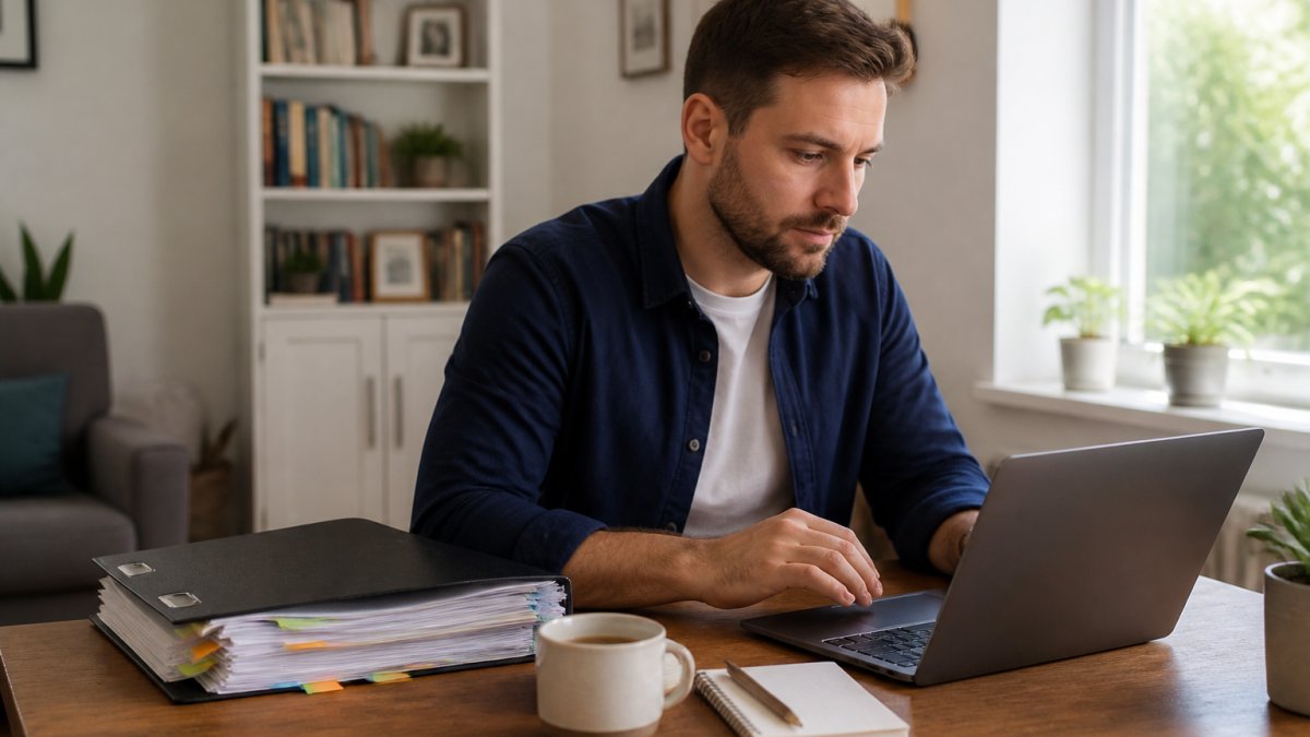 A landlord sitting at a desk with a laptop, reviewing an online HMO licence application form, with a folder of documents and a cup of tea nearby in a bright home office