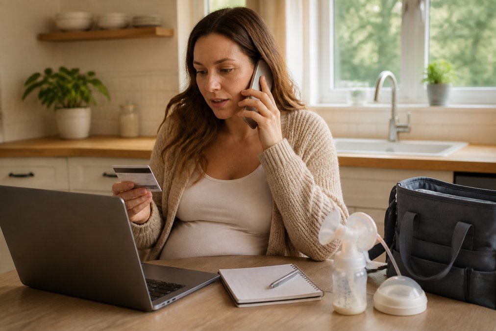 Infographic showing the step-by-step process to verify coverage for an insurance-covered breast pump via phone and laptop