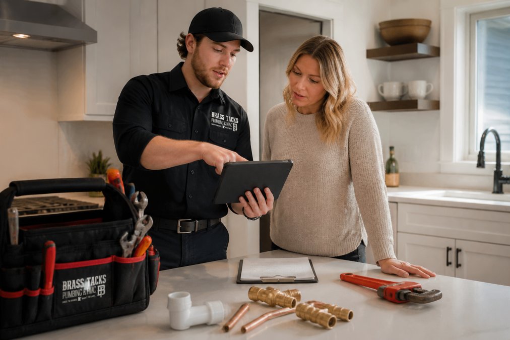 Plumbing technician explaining a detailed plumbing price quote to a homeowner on a tablet in a bright kitchen